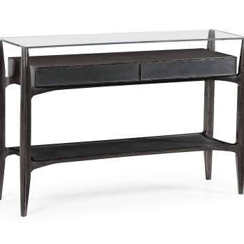 Architects Black Leather & Black Mocha Oak Console Table with Drawers and Glass Top