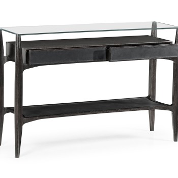 Architects Black Leather & Black Mocha Oak Console Table with Drawers and Glass Top